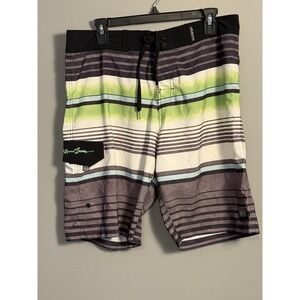 Maui & Son Boardshorts Mens 34 Green Black Striped Cargo Stretch Swimwear